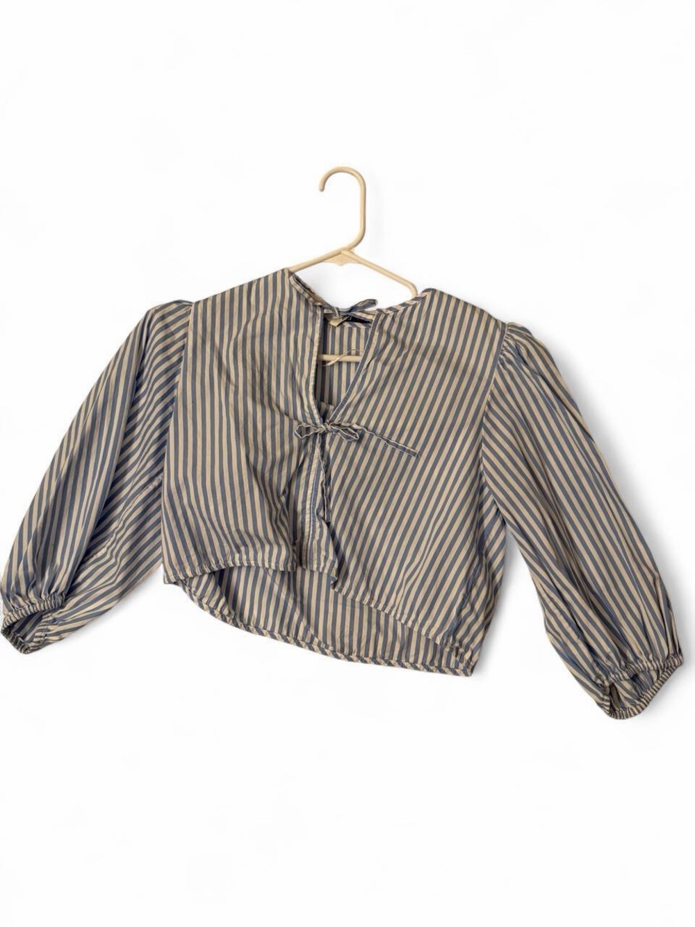 Zara Striped Cropped Tie-Front Blouse in Blue and white